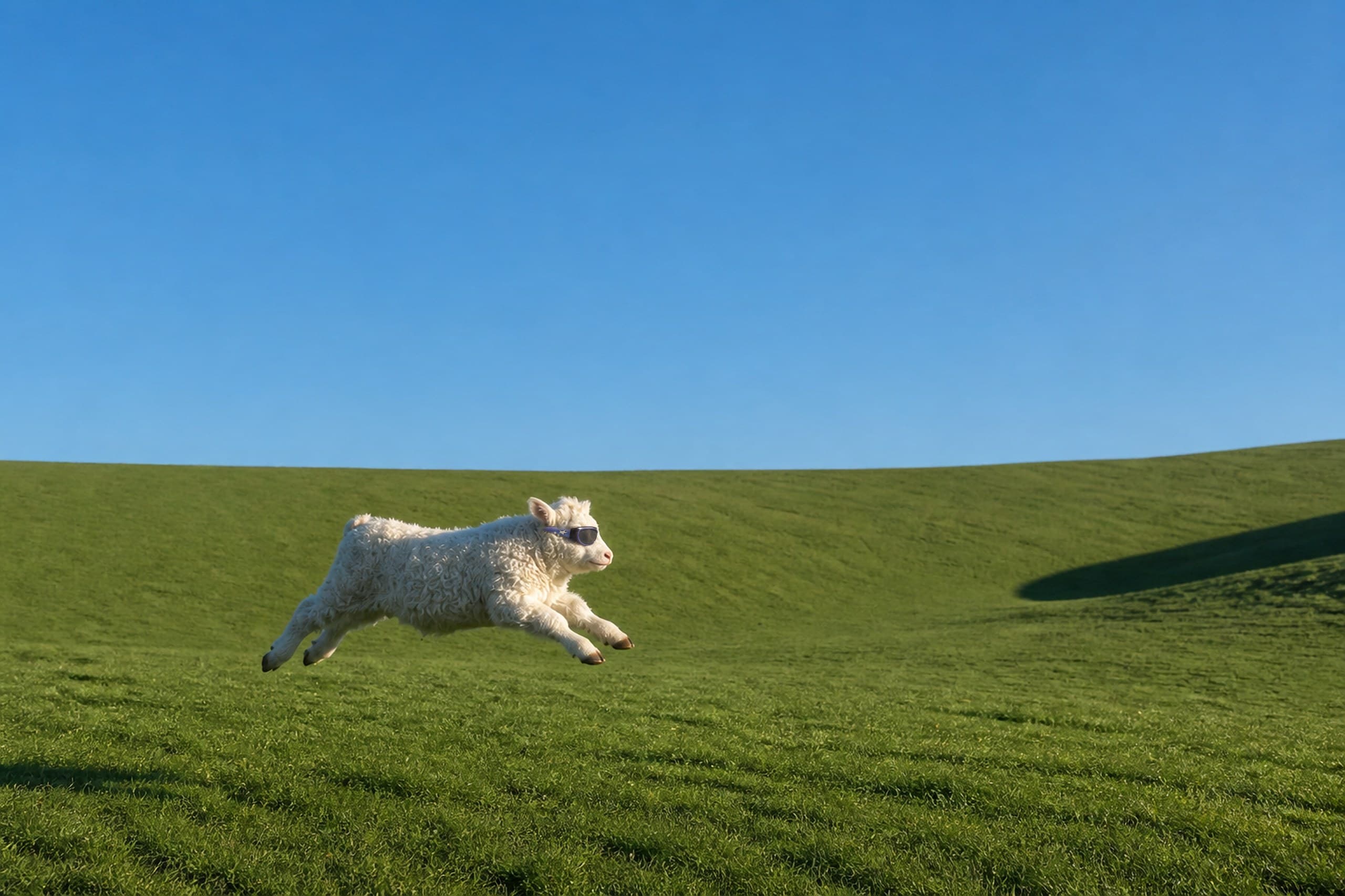 A white calf leaping across a green pasture under a clear blue sky