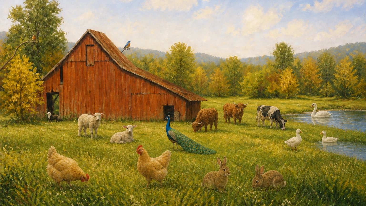 Painted farm landscape with a red barn, cattle, lambs, poultry, rabbits, birds, a ferret, and waterfowl